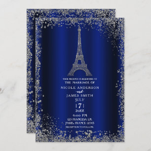Royal Blue Silver Glitzer Eiffel Tower Wedding Einladung