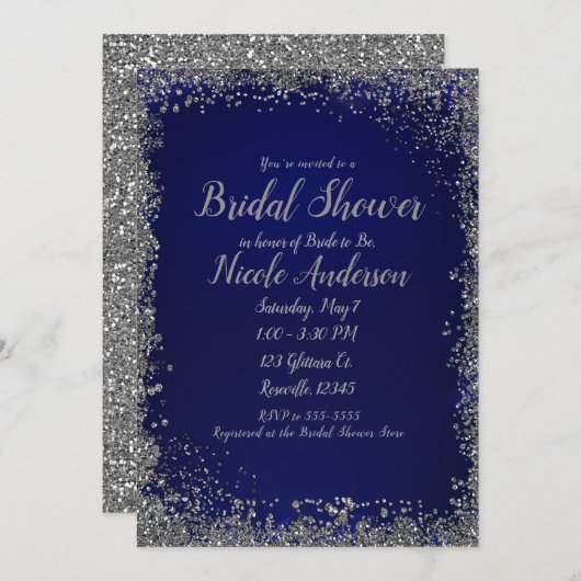 Royal Blue & Silver Glitzer Modernes Brautparty Einladung (Vorne/Hinten)