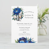 Royal Blue Silver Glitzer Peony Brunch und Bubbly Einladung (Stehend Vorderseite)