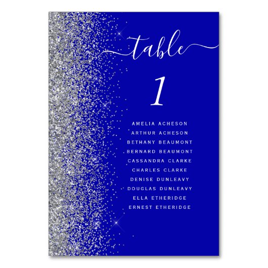 Royal Blue Silver Glitzer Wedding Tischnummer (Rückseite)