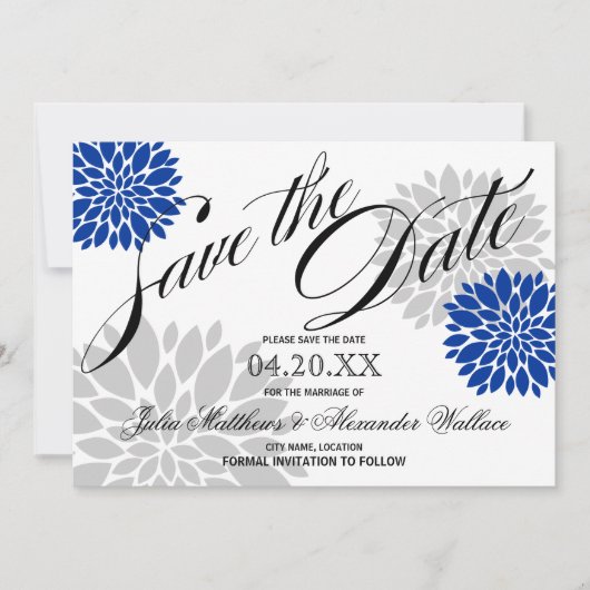 Royal Blue Silver-Gray Burst Script Save the Date (Vorderseite)