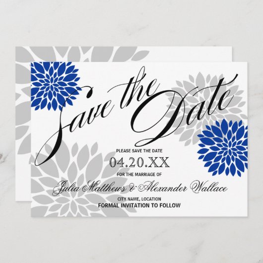 Royal Blue Silver-Gray Burst Script Save the Date (Vorne/Hinten)