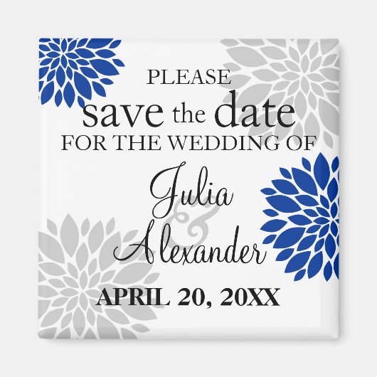 Royal Blue Silver-Gray Floral Burst Save the Date Magnet (Vorne)