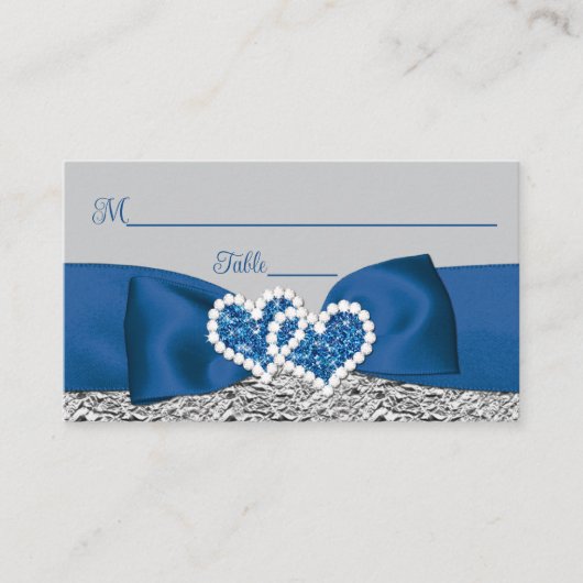 Royal Blue, Silver, Gray Liebe Hearts Wedding Platzkarte (Vorderseite)