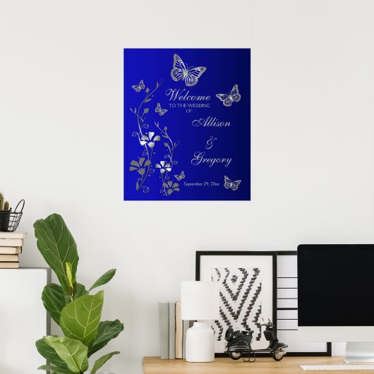 Royal Blue, Silver Gray Wedding Willkommen Poster (Heimbüro)