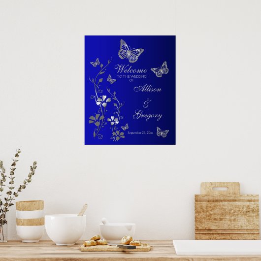 Royal Blue, Silver Gray Wedding Willkommen Poster (Küche)