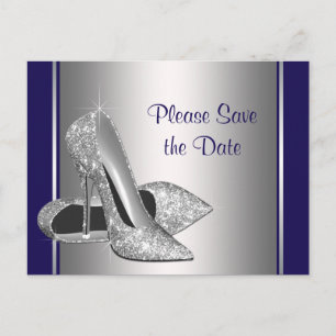 Royal Blue Silver High Heel Shoe Save the Date Ankündigungspostkarte