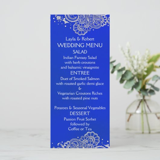 Royal Blue Silver Indian Wedding Menu Card Menükarte (Stehend Vorderseite)