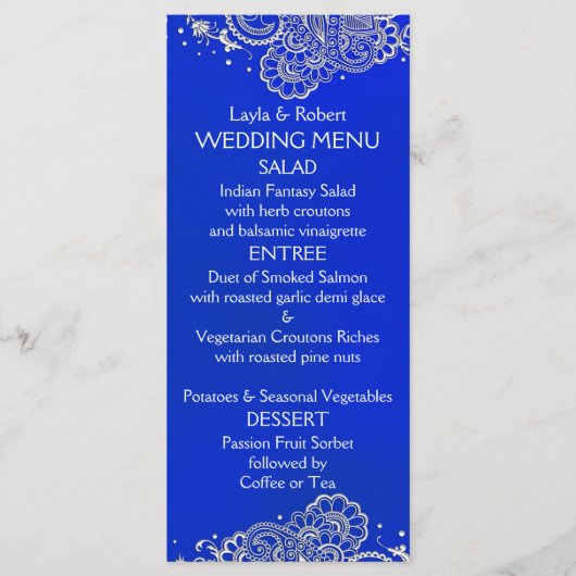Royal Blue Silver Indian Wedding Menu Card Menükarte (Vorderseite)