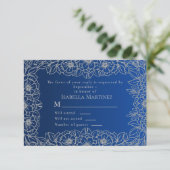Royal Blue Silver Line Art Floral Quinceñera RSVP Karte (Stehend Vorderseite)