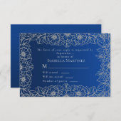 Royal Blue Silver Line Art Floral Quinceñera RSVP Karte (Vorne/Hinten)