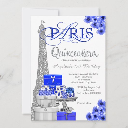 Royal Blue Silver Paris Quinceanera Einladungen (Vorderseite)