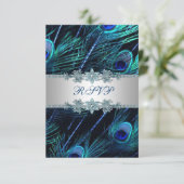 Royal Blue Silver Peacock Wedding RSVP Karte (Stehend Vorderseite)