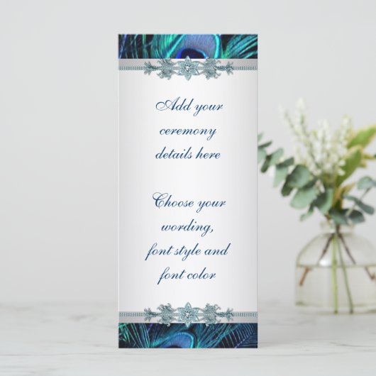 Royal Blue Silver Peacock Weddingprogramme Programm (Stehend Vorderseite)