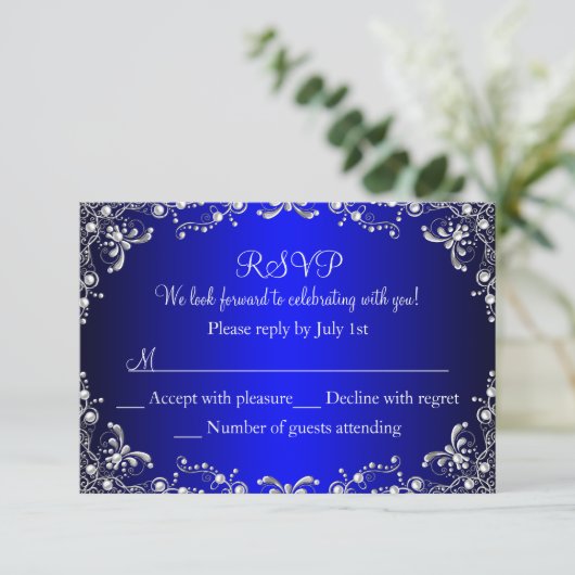 Royal Blue Silver Pearl Damask Sweet 16 UAWG RSVP Karte (Stehend Vorderseite)