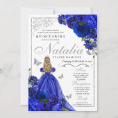 Royal Blue Silver Princess Butterflies Quinceañera Einladung (Vorderseite)
