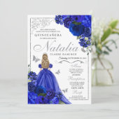 Royal Blue Silver Princess Butterflies Quinceañera Einladung (Stehend Vorderseite)