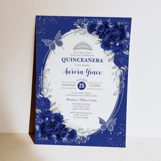 Royal Blue Silver Quinceañera Mis Quince 15 Anos Einladung