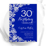 Royal Blue Silver Rose 30. Geburtstag Party Einladung<br><div class="desc">Königlich blaue silberne Blüte 30. Geburtstag Party Einladung. Elegantes Design mit Rose,  Imitaten silberne Folie und Typografie Script Schriftart. Die trendige Einladungskarte eignet sich perfekt für eine stilvolle Damenfeier. Kann für jedes Alter angepasst werden. Gedruckte Zazzle-Einladungen oder Sofortdownload digitaler Druckvorlage.</div>