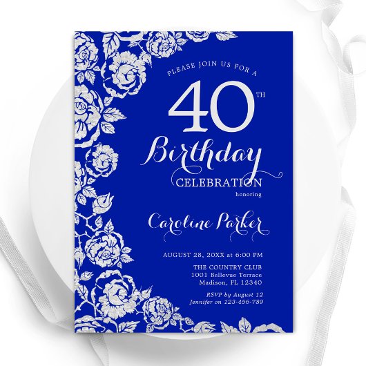 Royal Blue Silver Rose 40. Geburtstag Party Einladung