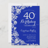 Royal Blue Silver Rose 40. Geburtstag Party Einladung (Vorderseite)