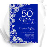 Royal Blue Silver Rose 50. Geburtstagsparty Einladung<br><div class="desc">Königlich blauer Blumen 50. Geburtstagsfeier Einladung. Elegantes Design mit Rose,  Imitaten silberne Folie und Typografie Script Schriftart. Die trendige Einladungskarte eignet sich perfekt für eine stilvolle Damenfeier. Kann für jedes Alter angepasst werden. Gedruckte Zazzle-Einladungen oder Sofortdownload digitaler Druckvorlage.</div>