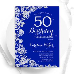 Royal Blue Silver Rose 50. Geburtstagsparty Einladung