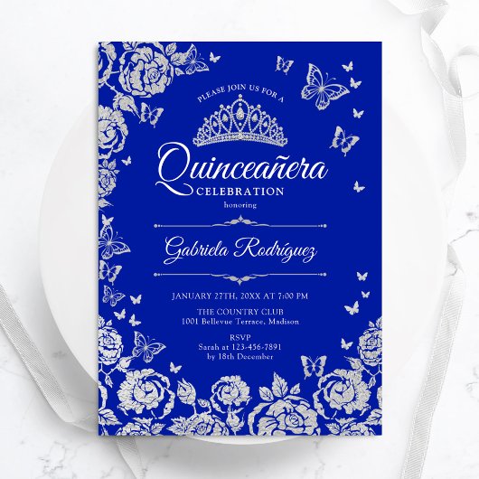 Royal Blue Silver Rose Butterfets Quinceanera Einladung