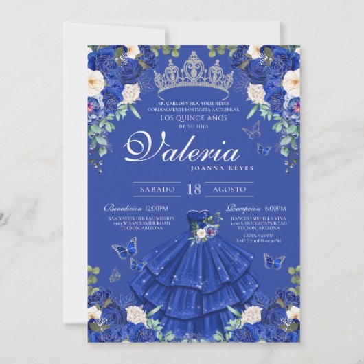 Royal Blue Silver Rose Elegante Princess Quinces Einladung (Vorderseite)