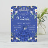 Royal Blue Silver Rose Elegante Princess Quinces Einladung (Stehend Vorderseite)
