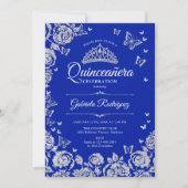 Royal Blue Silver Rose Quinceanera Foto Einladung (Vorderseite)