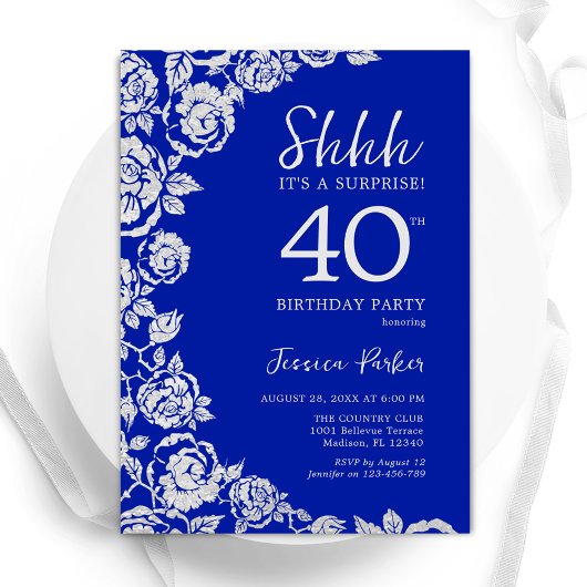 Royal Blue Silver Rose Überraschung 40. Geburtstag Einladung