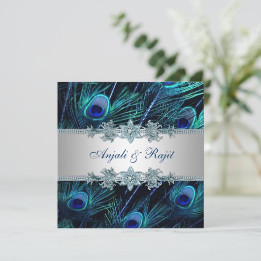 Royal Blue Silver Royal Indian Peacock Wedding Einladung (Stehend Vorderseite)