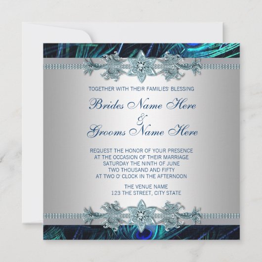 Royal Blue Silver Royal Indian Peacock Wedding Einladung (Rückseite)