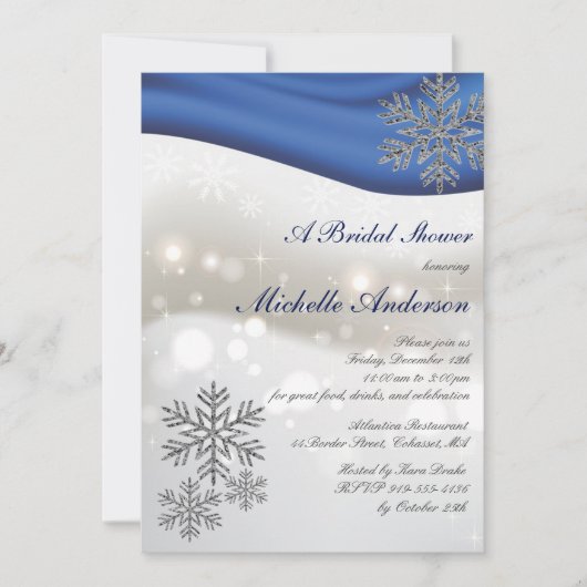 Royal Blue Silver Snowflakes Brautparty Einladung (Vorderseite)