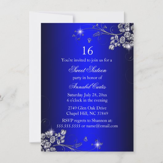 Royal Blue Silver Sparkle Blume Sweet 16 Einladung (Rückseite)