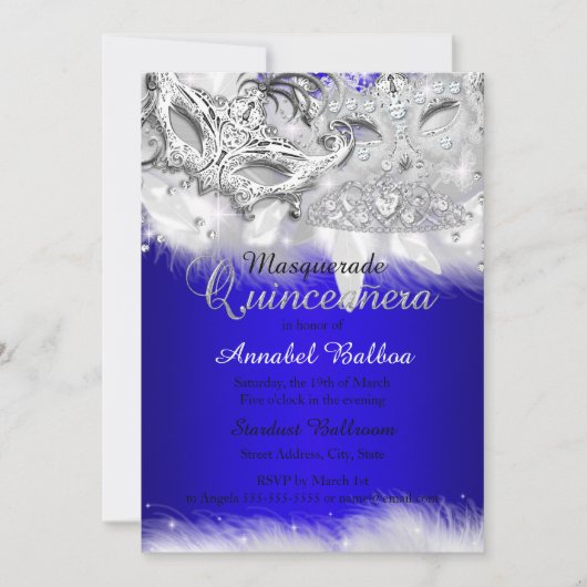 Royal Blue Silver Sparkle Masquerade Quinceanera Einladung (Vorderseite)
