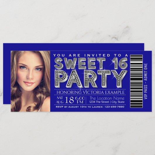 Royal Blue Silver Sweet 16 Ticket Einladung (Vorne/Hinten)