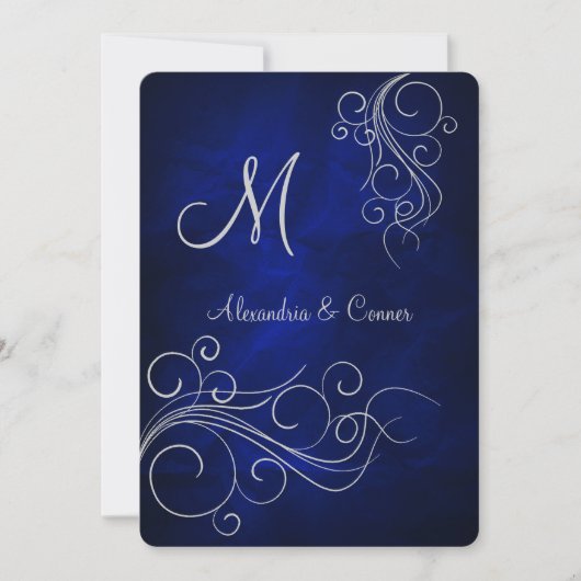 Royal Blue Silver Swirl Monogram Formal Wedding Einladung (Vorderseite)