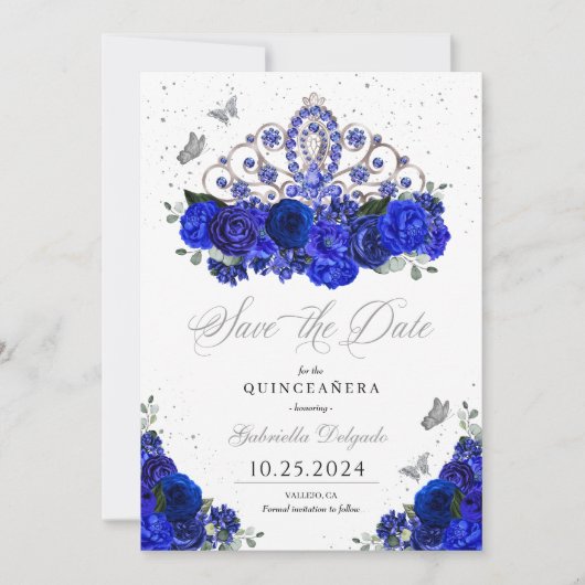 Royal Blue Silver Tiara Save the Date Quinceañera Einladung (Vorderseite)