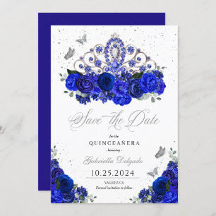 Royal Blue Silver Tiara Save the Date Quinceañera Einladung