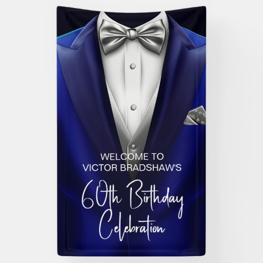 Royal Blue Silver Tuxedo Birthday Party Welcome  Banner (Vertikal)