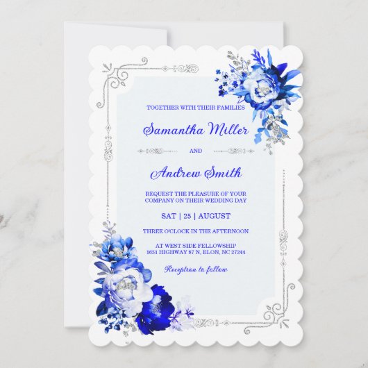 Royal Blue Silver und White Wedors Einladung (Vorderseite)