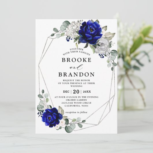 Royal Blue Silver White Ivory Geometric Wedding Einladung (Stehend Vorderseite)