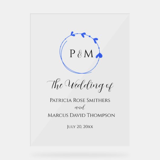 Royal Blue Simple Heart Wreath Wedding Acrylschild (Vorderseite)