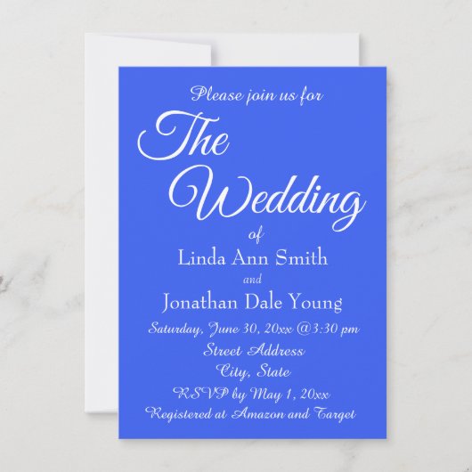 Royal Blue Simple Style Wedding Einladung (Vorderseite)