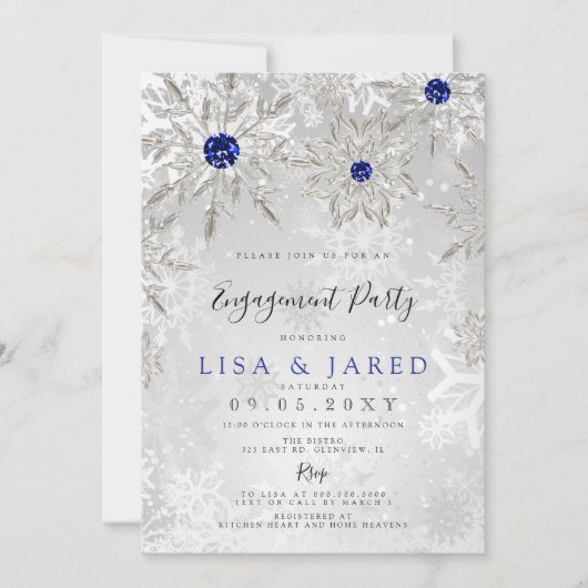 Royal Blue Snowflakes Winter Engagement Party Einladung (Vorderseite)