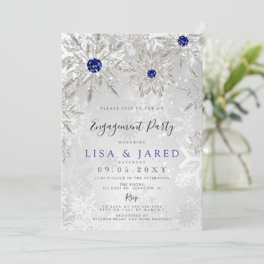 Royal Blue Snowflakes Winter Engagement Party Einladung (Stehend Vorderseite)
