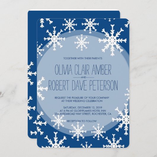 Royal Blue Snowflakes Winter Wedites Einladung (Vorne/Hinten)
