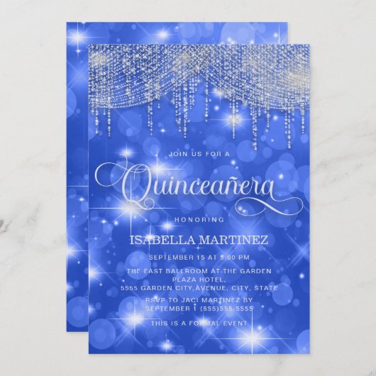 Royal Blue String Lights Sparkle Quinceañera Einladung (Vorne/Hinten)